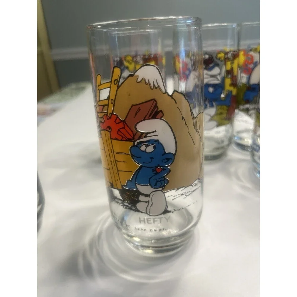 6 Vintage Collectible Smurfs Drinking Glasses Hardee's PEYO 1983 1982 Tumblers